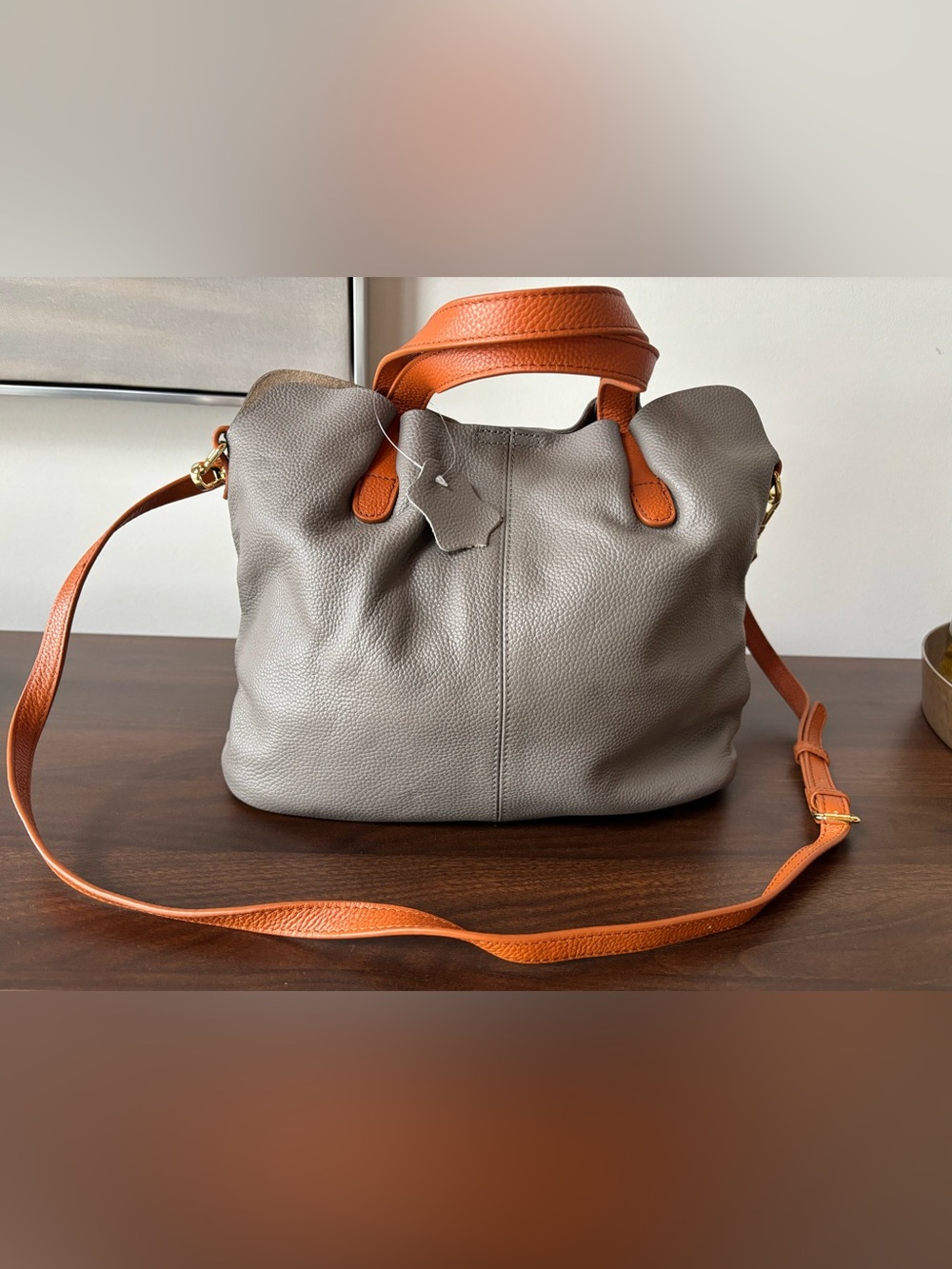 Gray Leather crossbody Bag with Brown Handles NWT